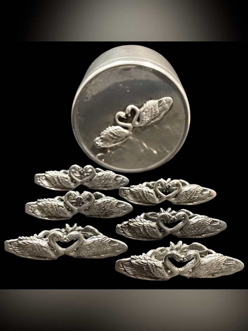 Vintage 1960s Metzke Pewter Set 6x Swan Heart Floral Napkin Rings & Matching Tin